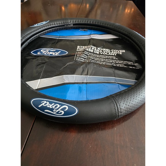 Ford Steering Wheel Cover Black Perforated Blue Oval Logo 14.5-15 Inch Universal - Picture 2 of 5